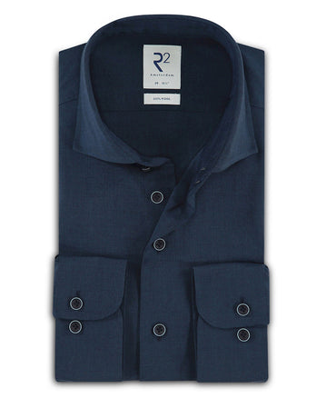 Extra lange mouwen. Donkerblauw overhemd van 100% wol Navy