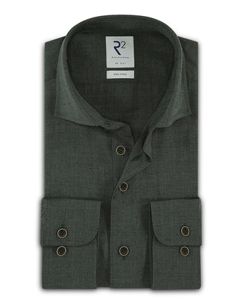 Extra lange mouwen. Groen 100% wollen overhemd dark green