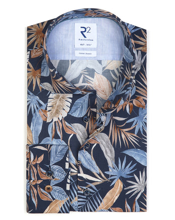 Extra lange mouwen. Overhemd met Multicolour bladmotieven Navy