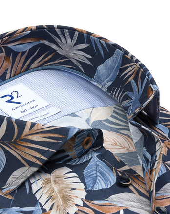 Extra lange mouwen. Overhemd met Multicolour bladmotieven Navy