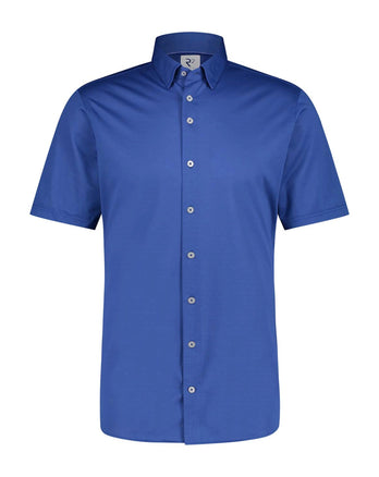 Blauw gebreid piqué overhemd met korte mouwen kobalt