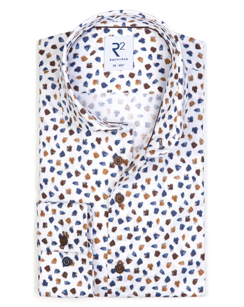 White dobby cotton shirt with blue beige print White