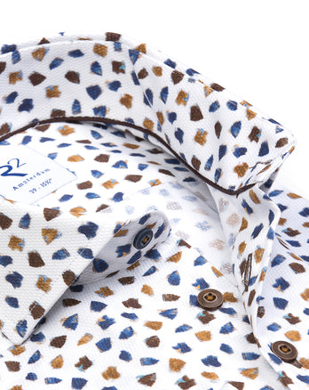 White dobby cotton shirt with blue beige print White